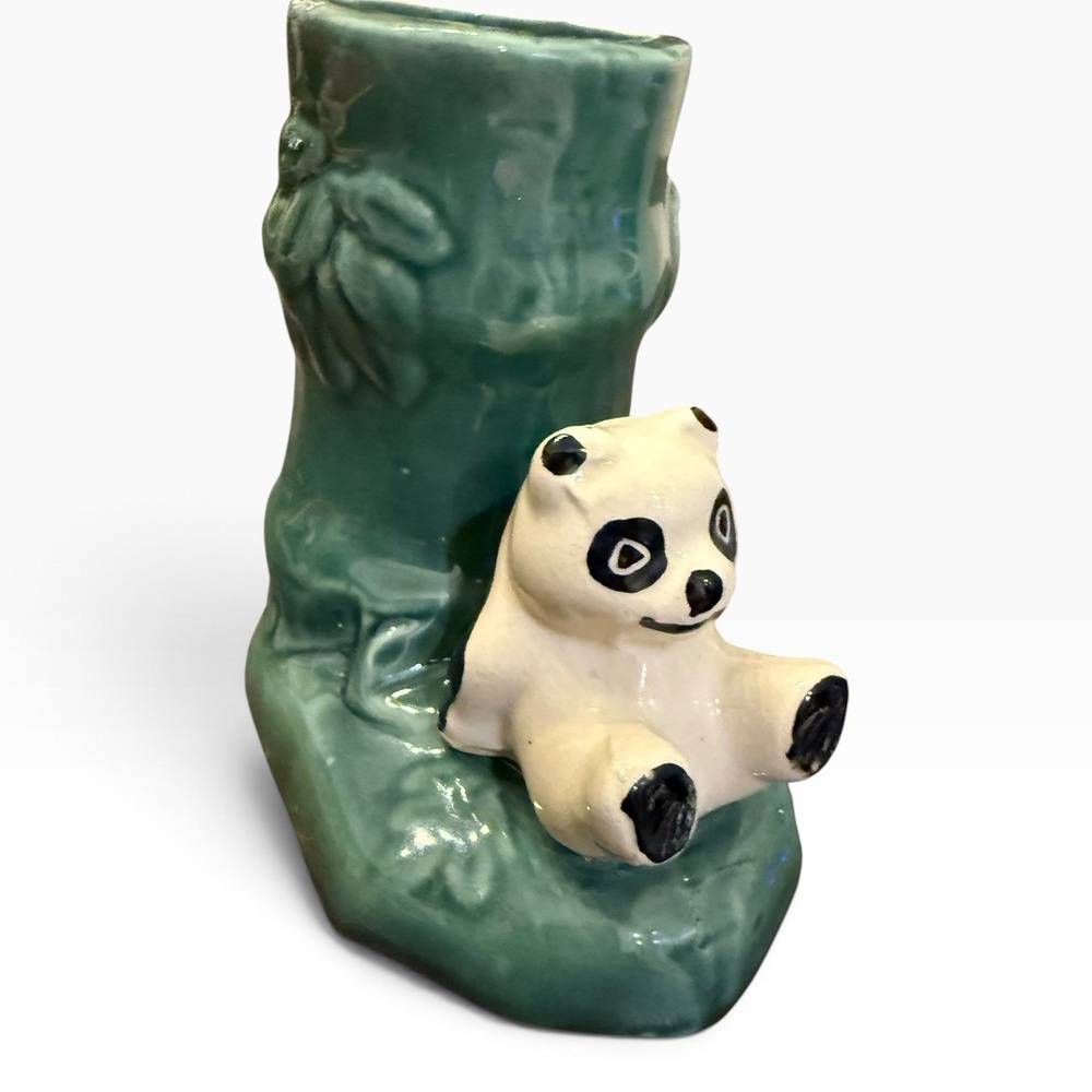 Vintage Panda Bear Ceramic Bamboo Planter Green Glaze 5 Inch Succulent Pot
